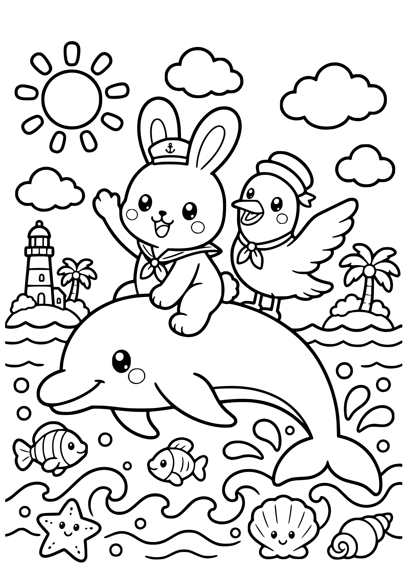 うさぎさんの動物海の大冒険の塗り絵です。イルカに乗って大冒険にでかけます