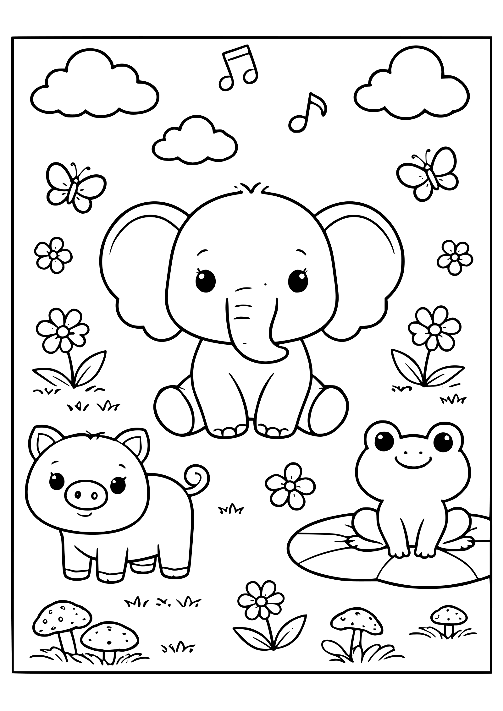 動物１９の塗り絵です。かえる象と豚さんの簡単な塗り絵です