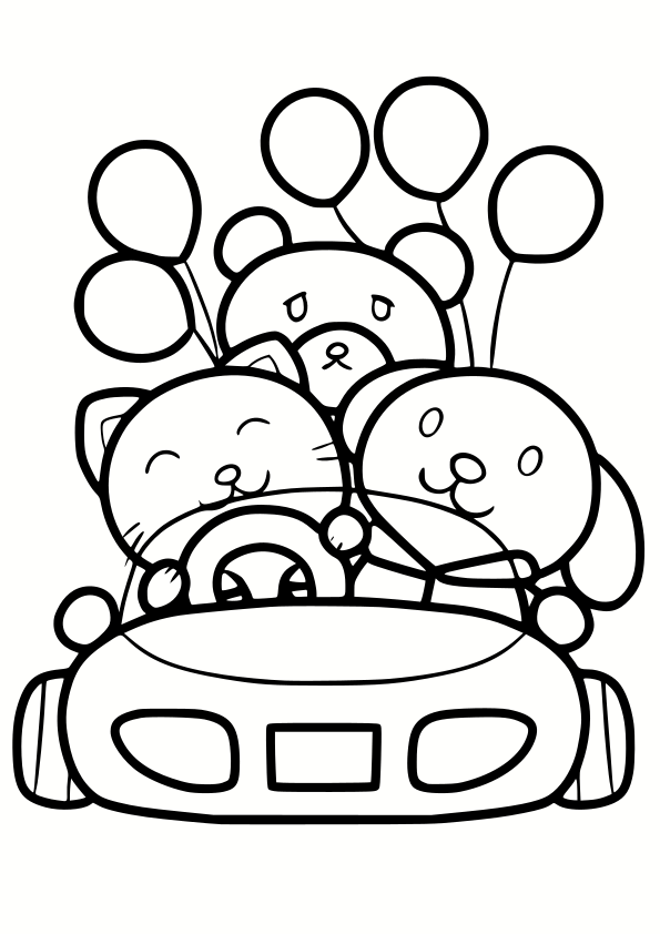 車に乗っているカワイイ動物さんたちの塗り絵です