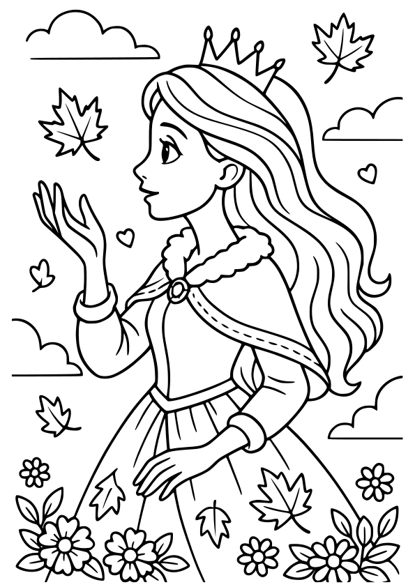 秋のプリンセスの女の子向けのかわいい塗り絵です