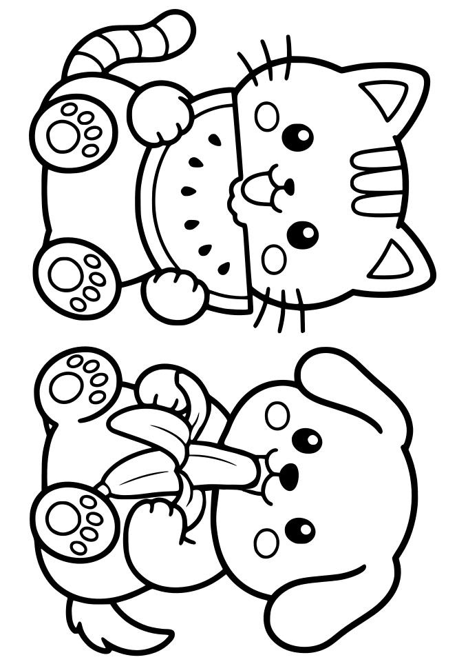 犬と猫の動物の塗り絵です。すいかとバナナの果物を食べてますねー