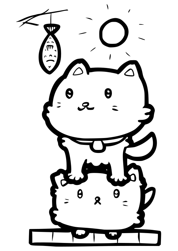 干している魚を狙っている猫さんたちのカワイイ塗り絵です