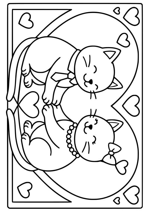 ねこさんたちのハートのかわいい塗り絵です