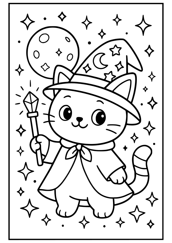 Cat Wizard free coloring pages for kids