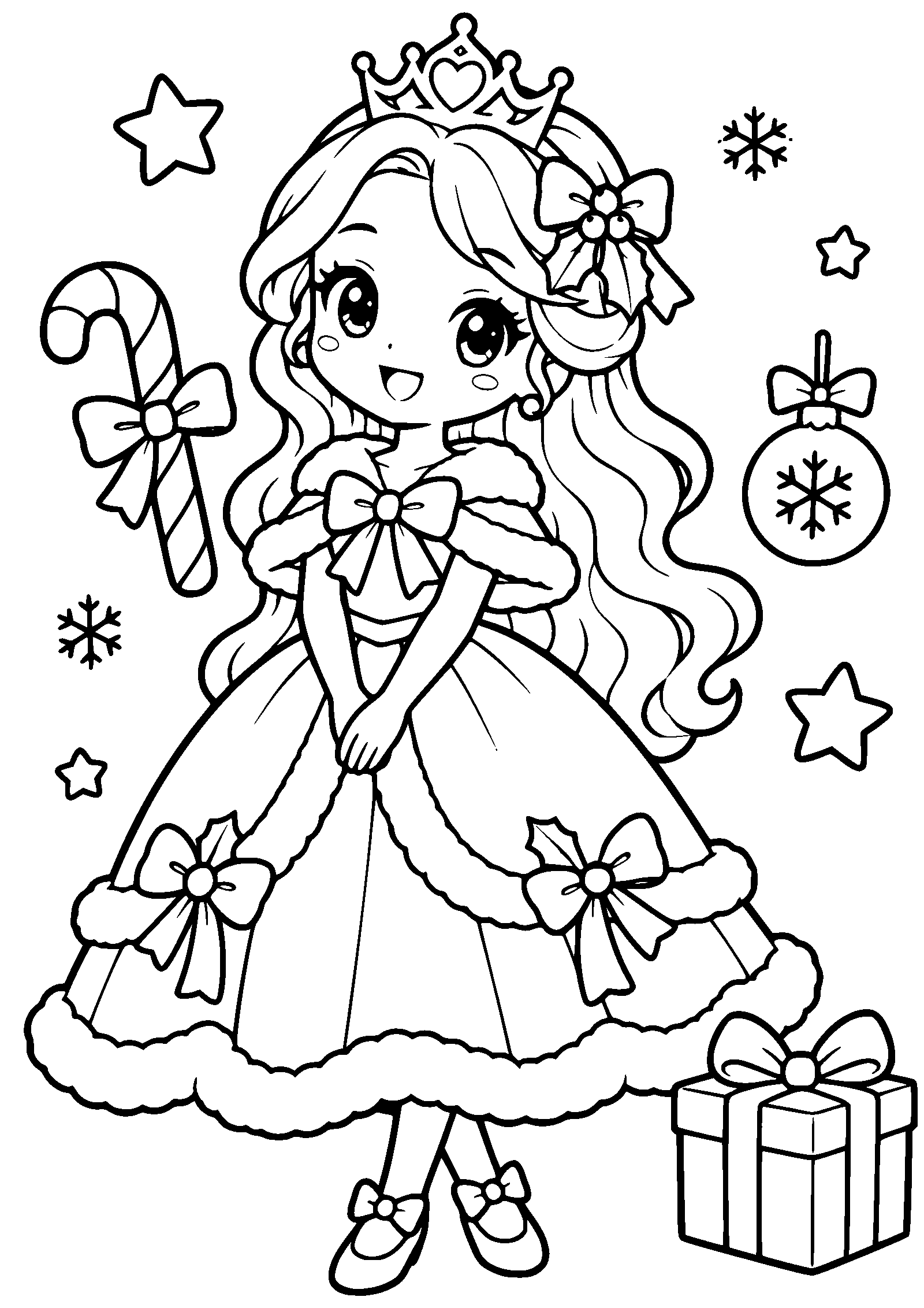 クリスマスプリンセスの冬の女の子の塗り絵です