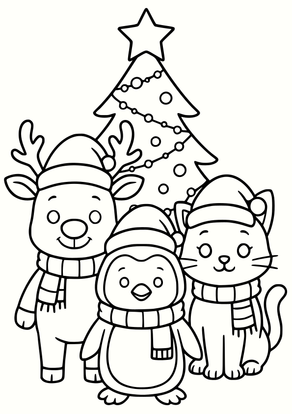 クリスマスのサンタクロースの帽子かぶってる動物さんたちの簡単な塗り絵です