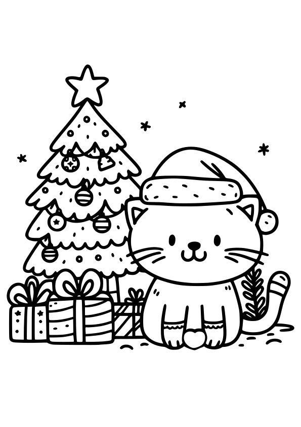 クリスマスキャット猫ちゃんの動物簡単塗り絵です。サンタクロースの帽子かぶってますねー AIで作ってもらった塗り絵です