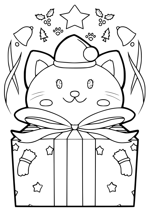 クリスマスのねこちゃんのプレゼント塗り絵です