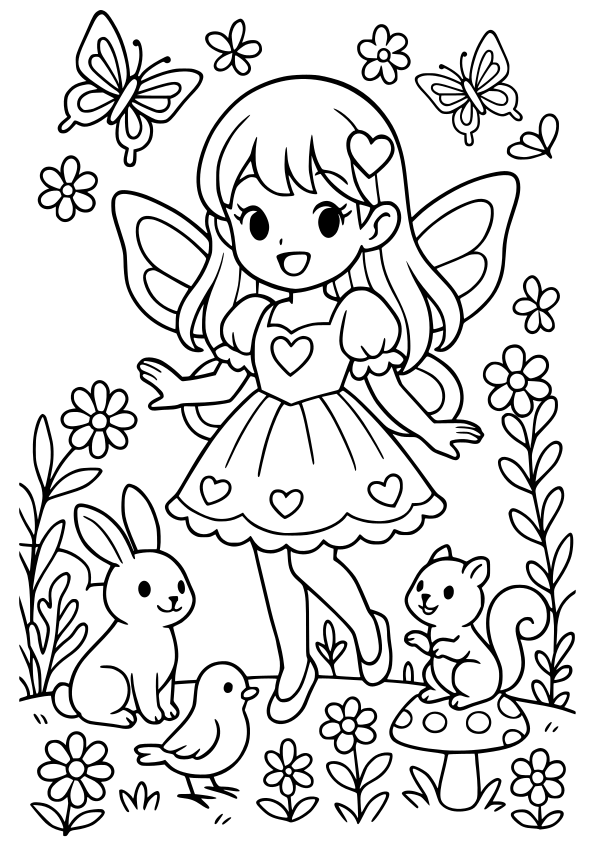 森の妖精さんの女の子と動物の塗り絵です