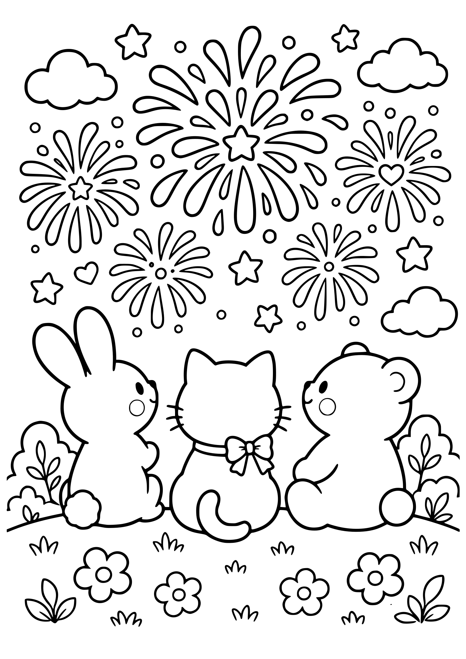 夏の花火と動物の塗り絵です