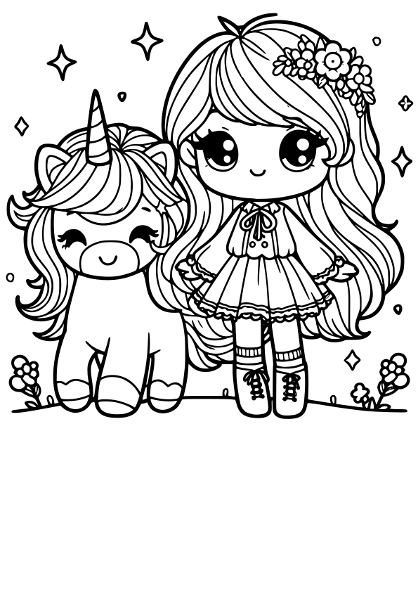 Girl with Unicorn free coloring pages for kids