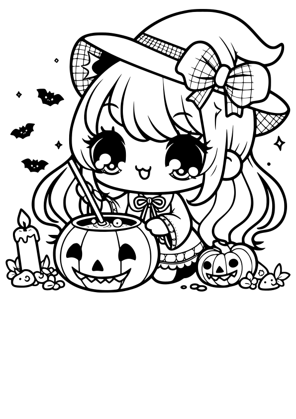 ハロウィンの魔女の女の子の塗り絵です