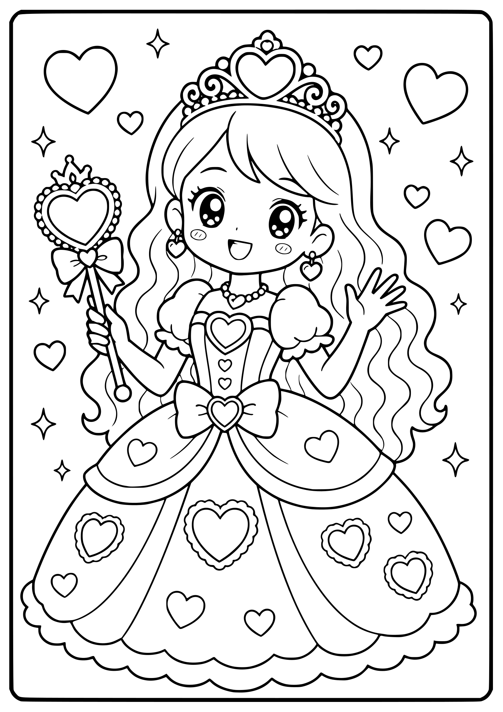 ハートのプリンセスの女の子塗り絵です