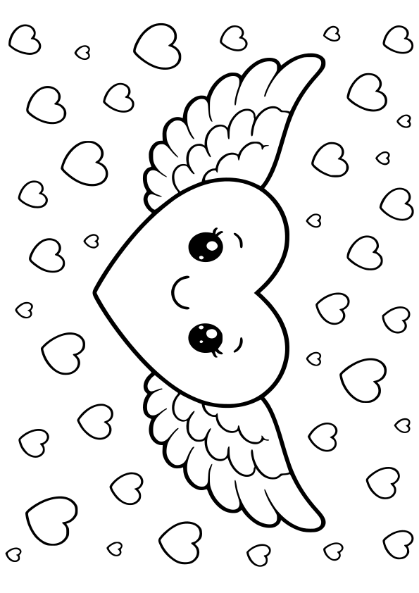 翼をもったハートのバレインタインデーにも使えそうな塗り絵です