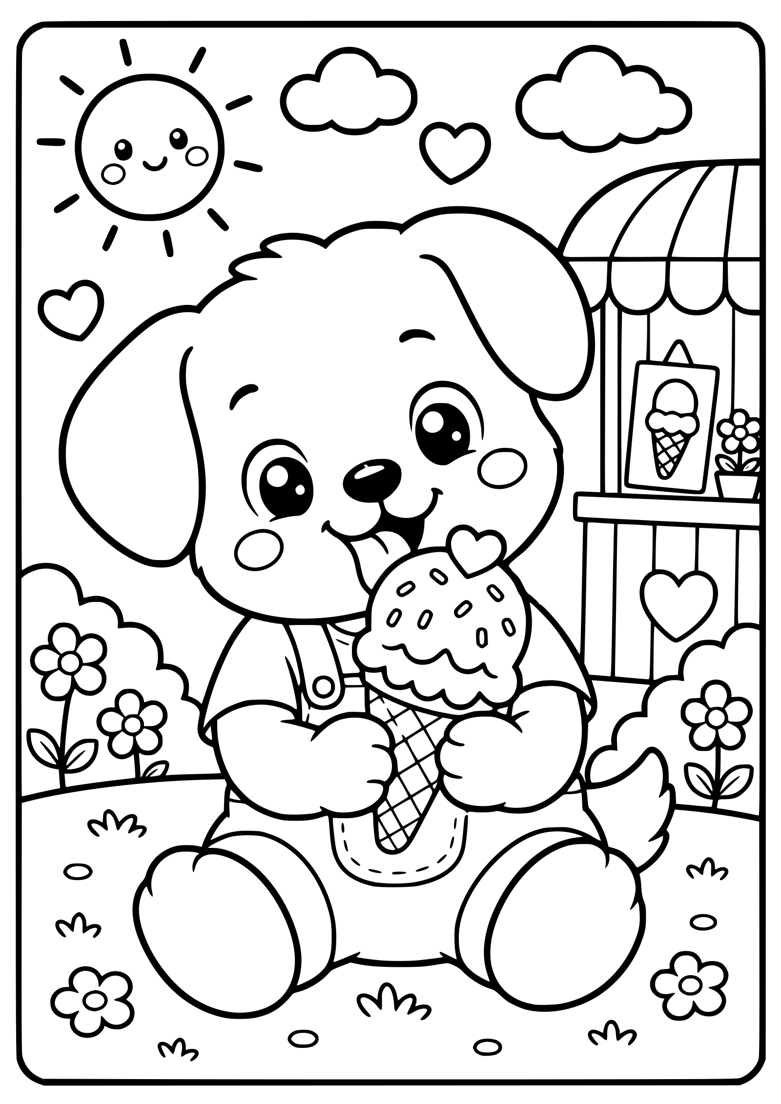 アイスクリームを食べている犬の塗り絵です