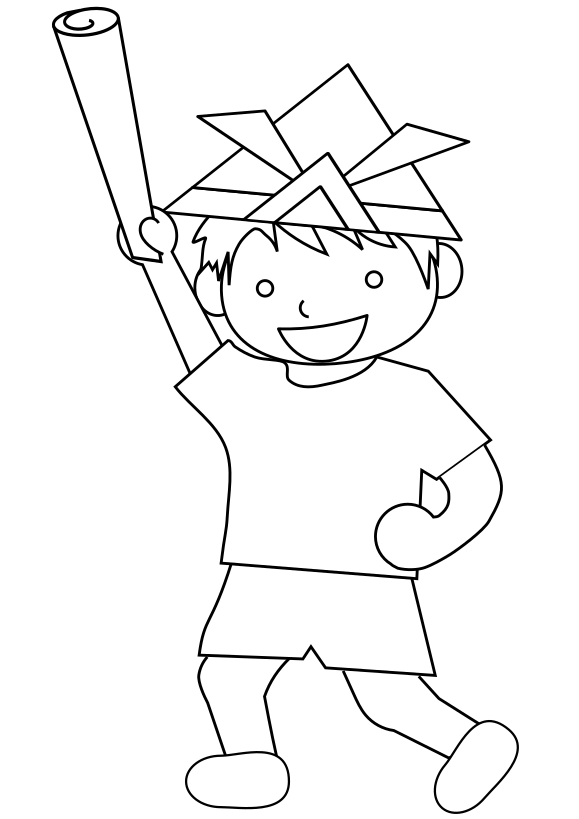 A boy playing with a sword and chopsticks in a newspaper free coloring pages for kids