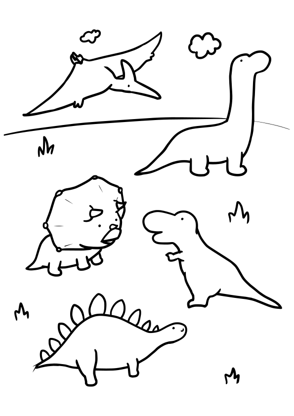 恐竜の集まりの塗り絵です