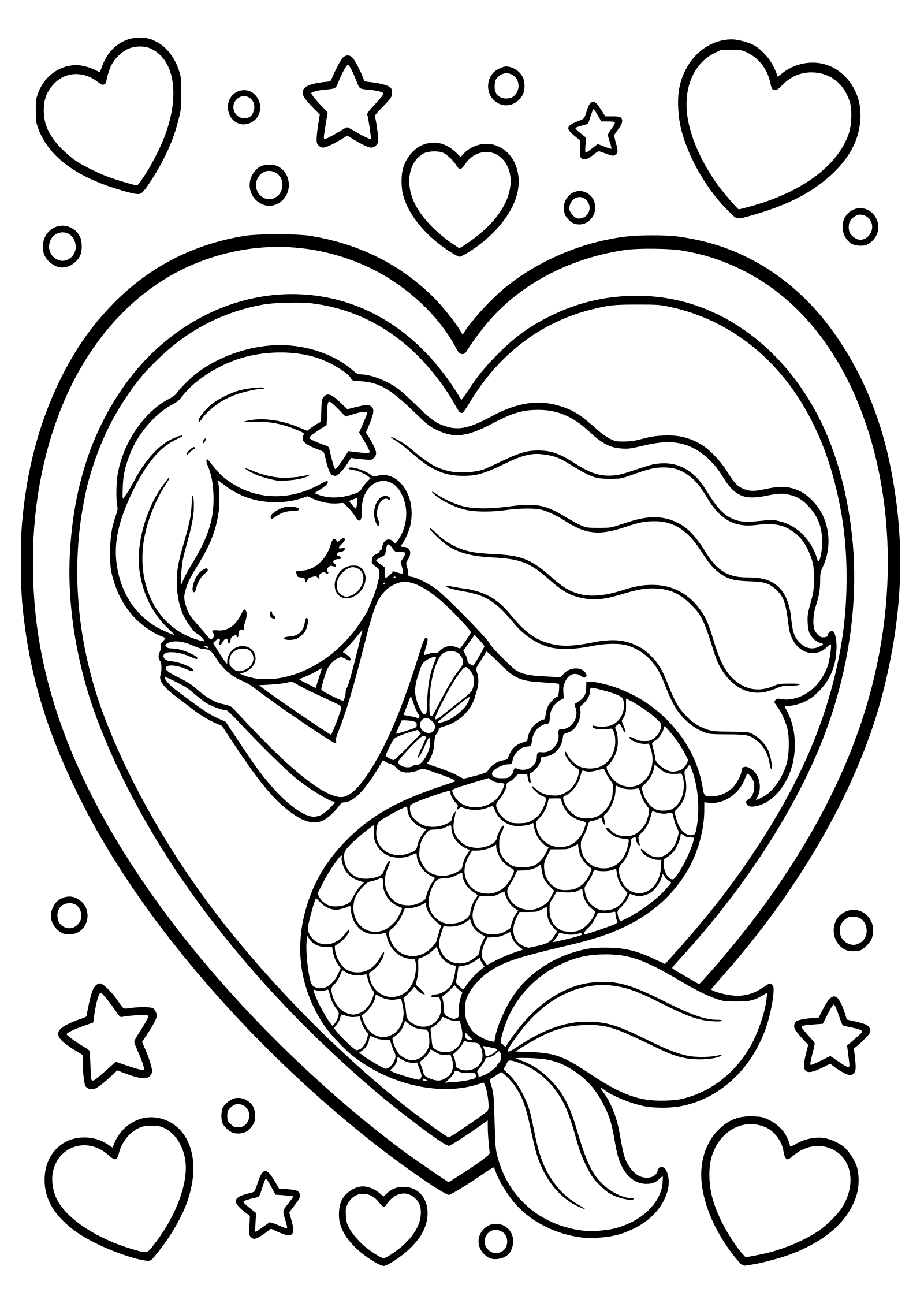 ハートのかわいいマーメイド人魚の女の子塗り絵です