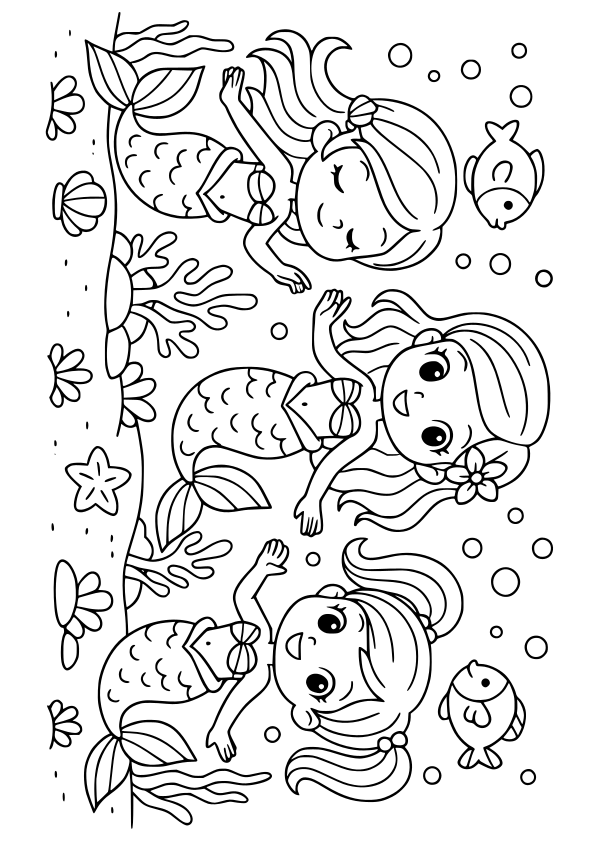 人魚３姉妹の女の子の塗り絵です