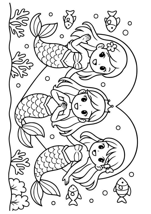 人魚３姉妹のかわいい女の子の塗り絵です