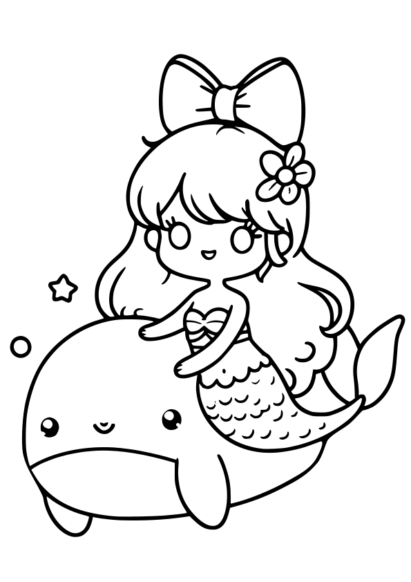 人魚マーメイドさんとくじらさんのかわいい女の子塗り絵です