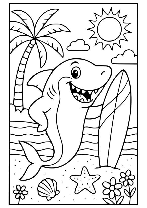 夏にビーチで遊んでるサメの塗り絵です。サーフボードもってサーフィンしようとしてますね・・
