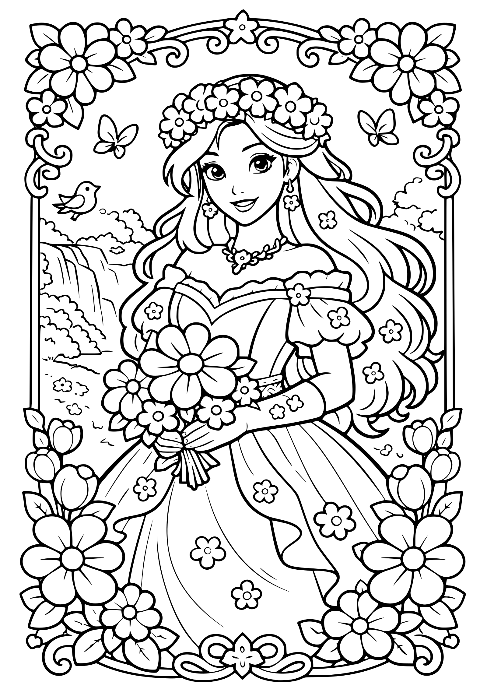 春のプリンセスとお花のかわいい塗り絵です