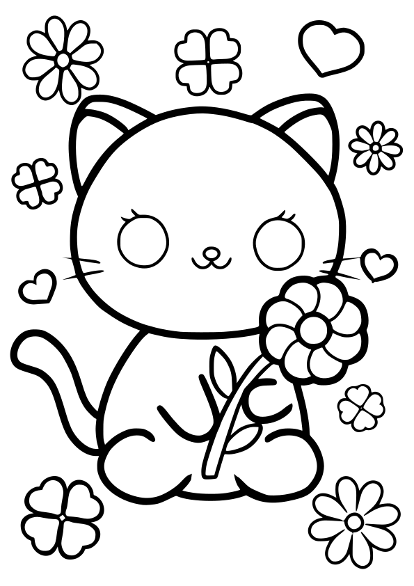 Spring Flower Cat free coloring pages for kids