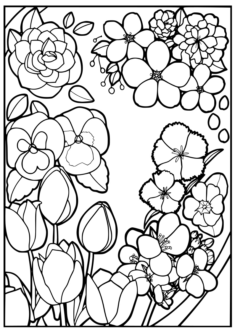 4月の春の花を集めて塗り絵にしてみました。 つばき、桜ソメイヨシノ、八重桜、パンジー、チューリップ、なでしこ、菜の花と・・あと一つ種類名に描いたか忘れましたー。ー；