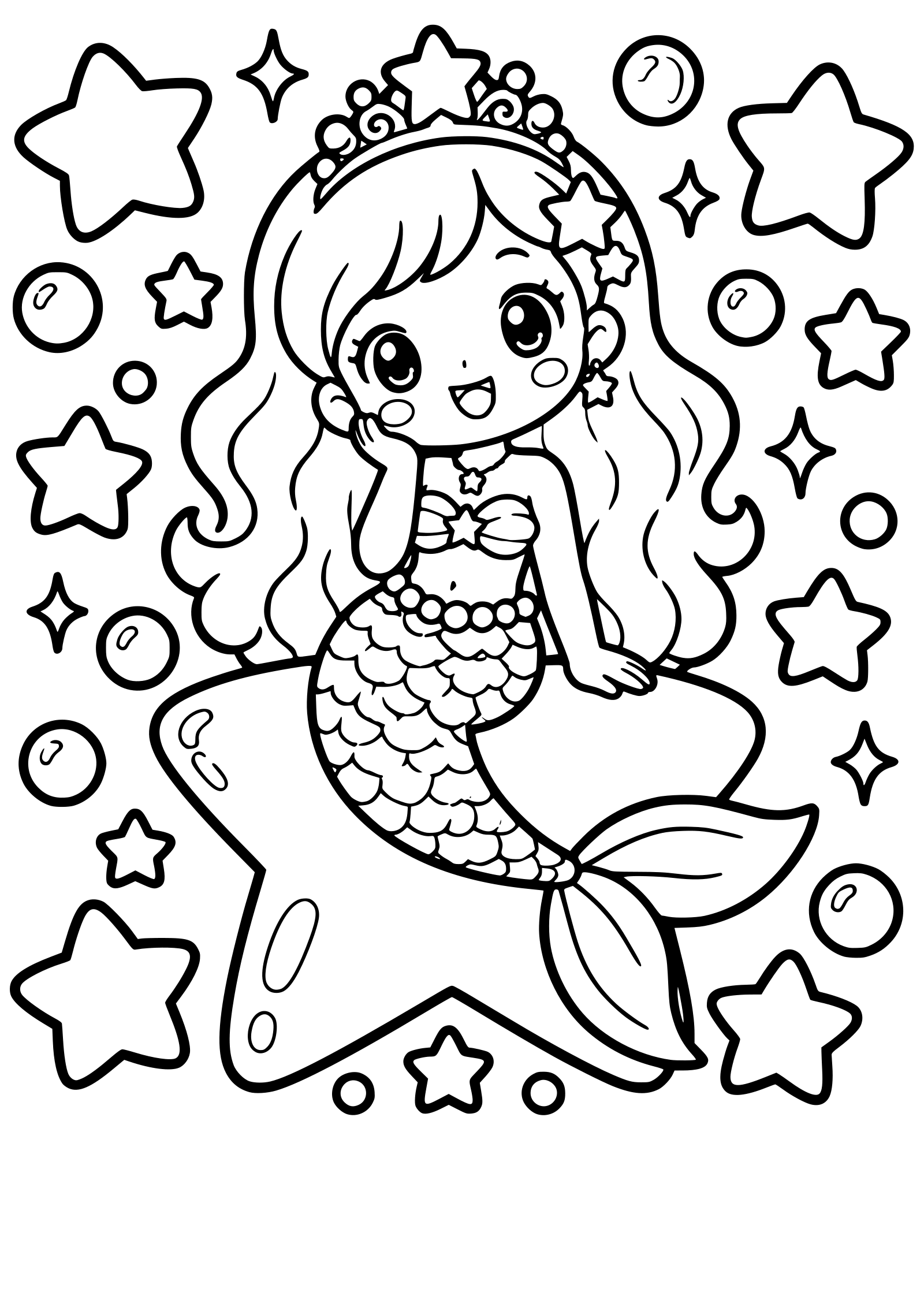 星のマーメイド人魚の女の子のかわいい塗り絵です