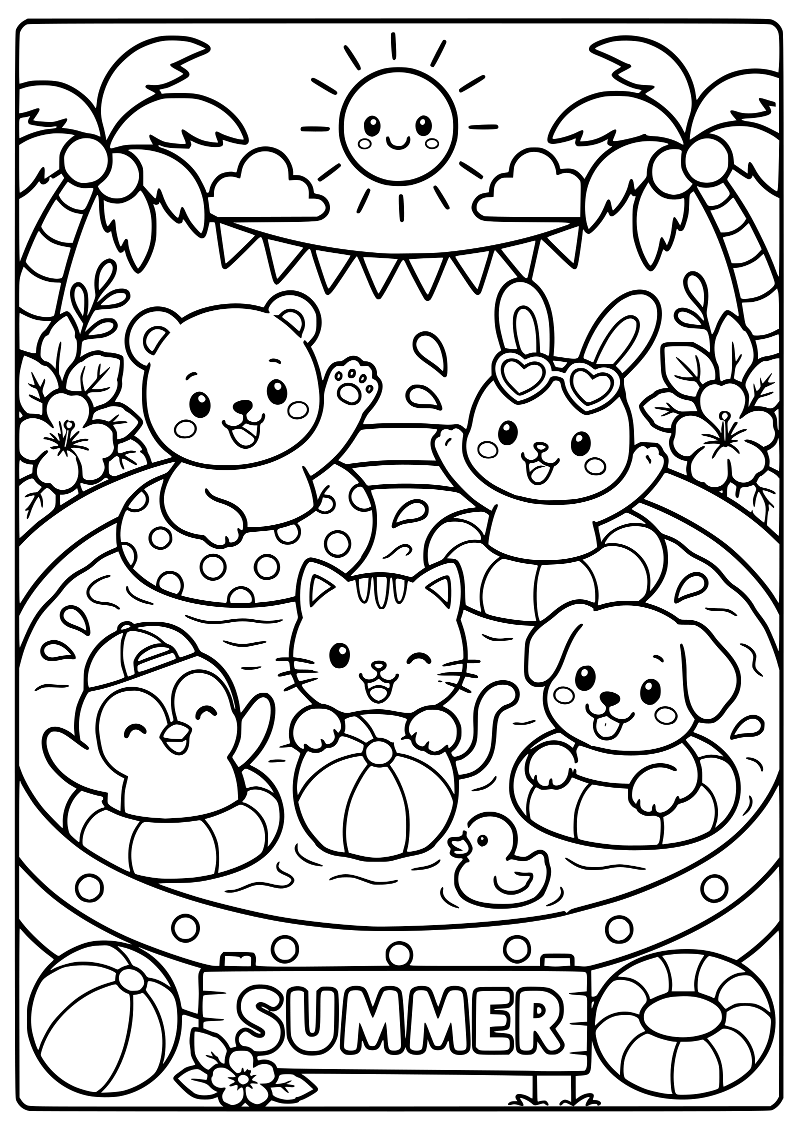 夏の動物さんたちがプールで遊んでいる塗り絵です