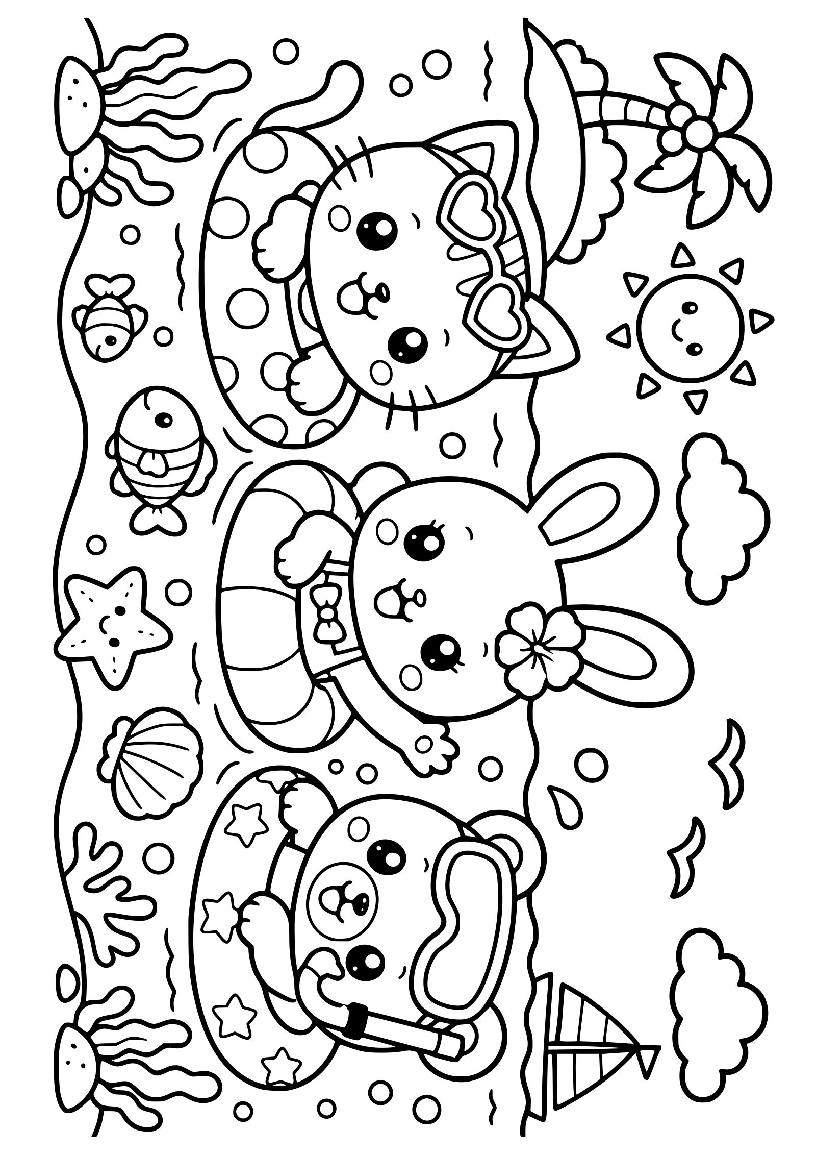 夏の海水浴を楽しむ動物のかわいい塗り絵です