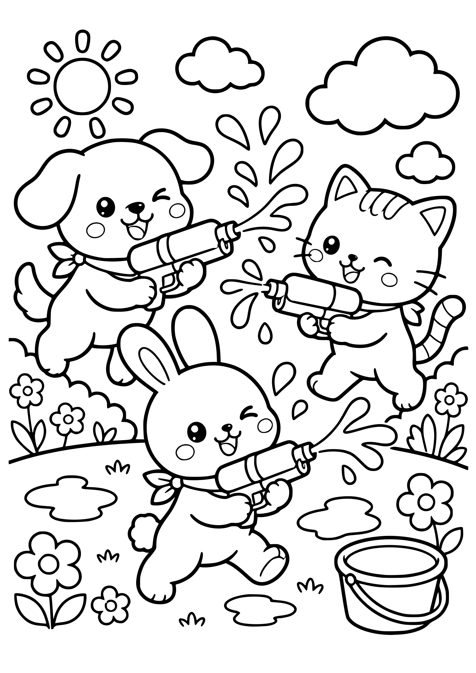 夏休みの水鉄砲で遊んでいる動物さんの塗り絵です