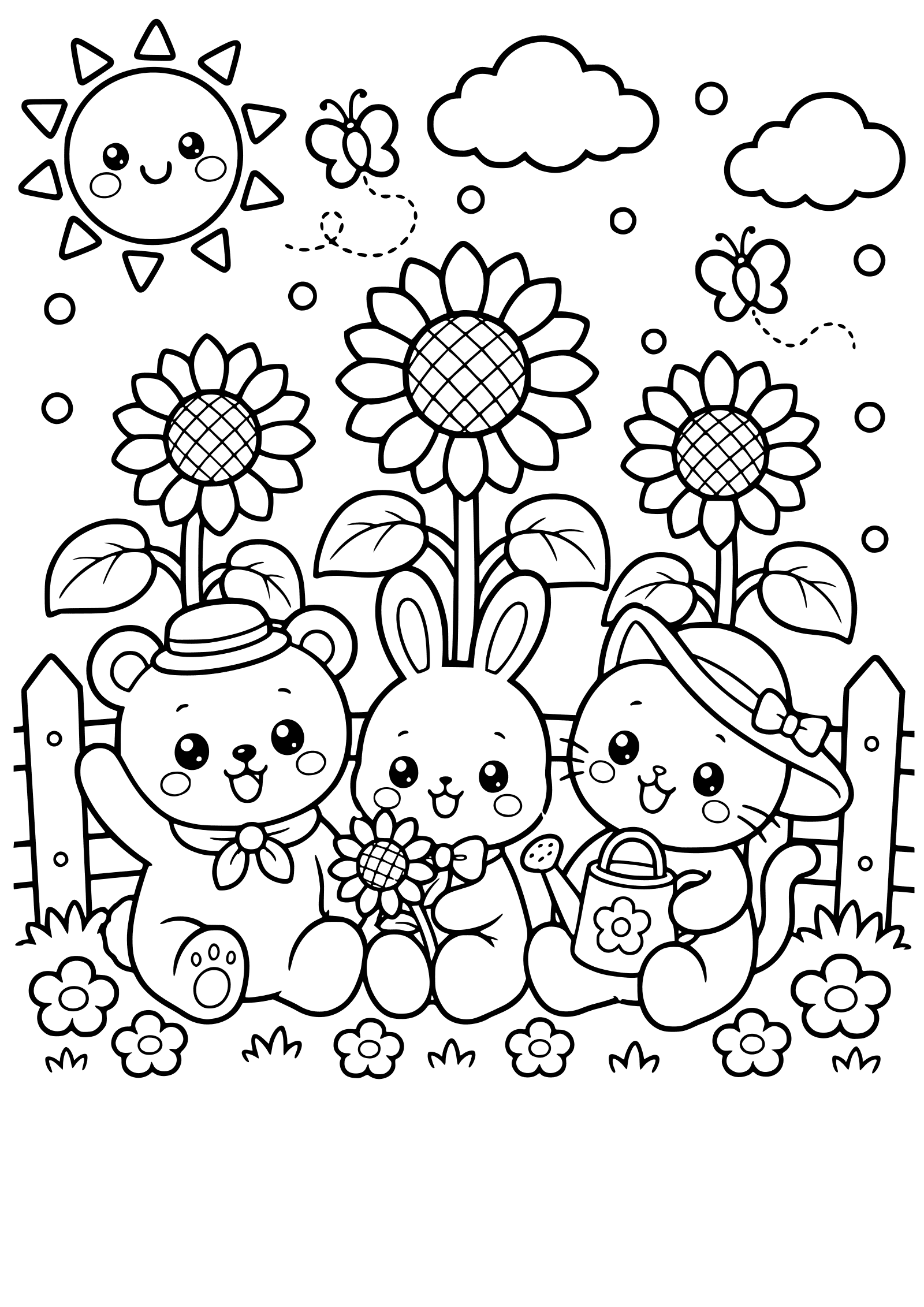 夏の動物さんとひまわりの塗り絵です