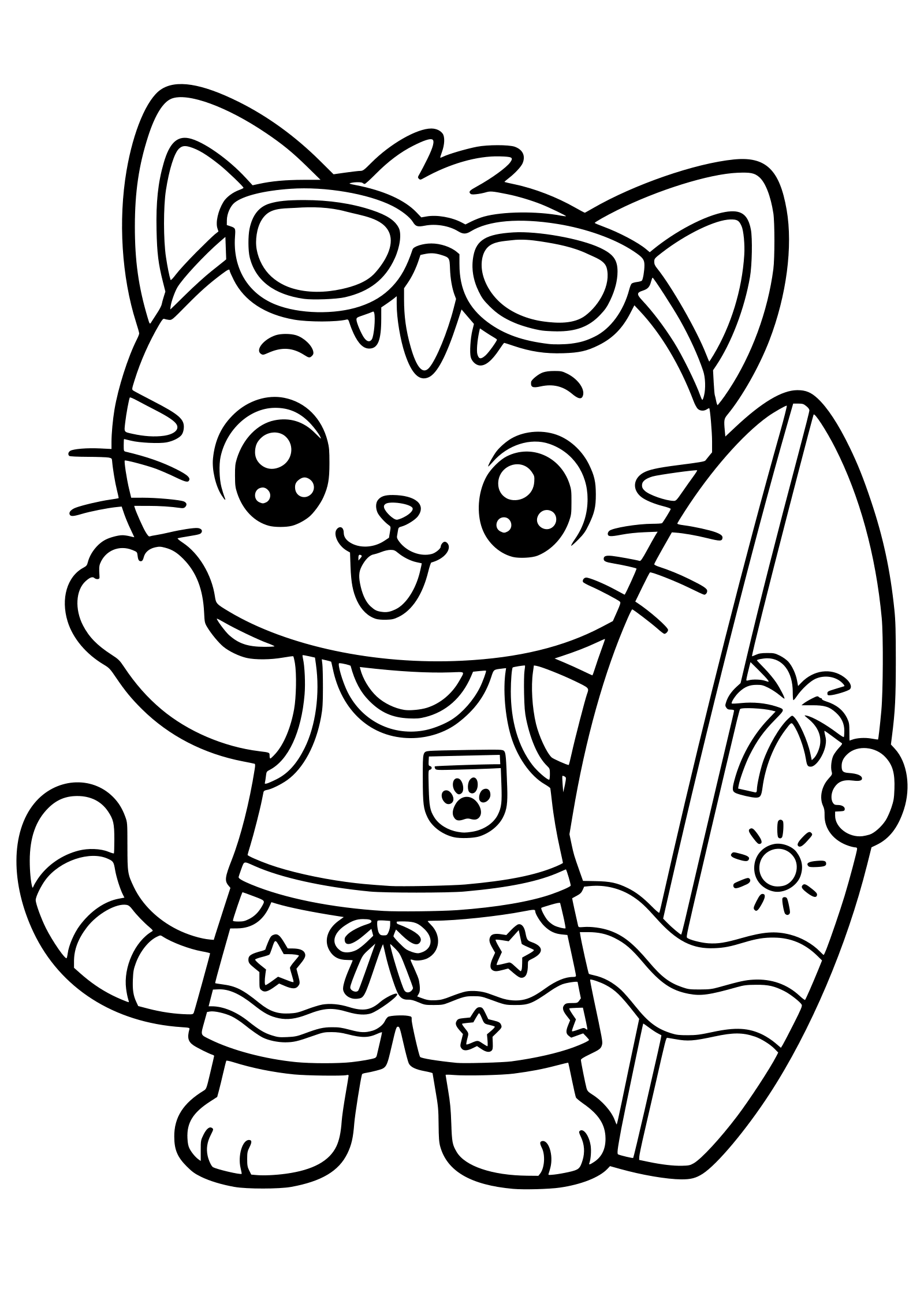 夏のサーファーねこちゃんの動物ぬりえです