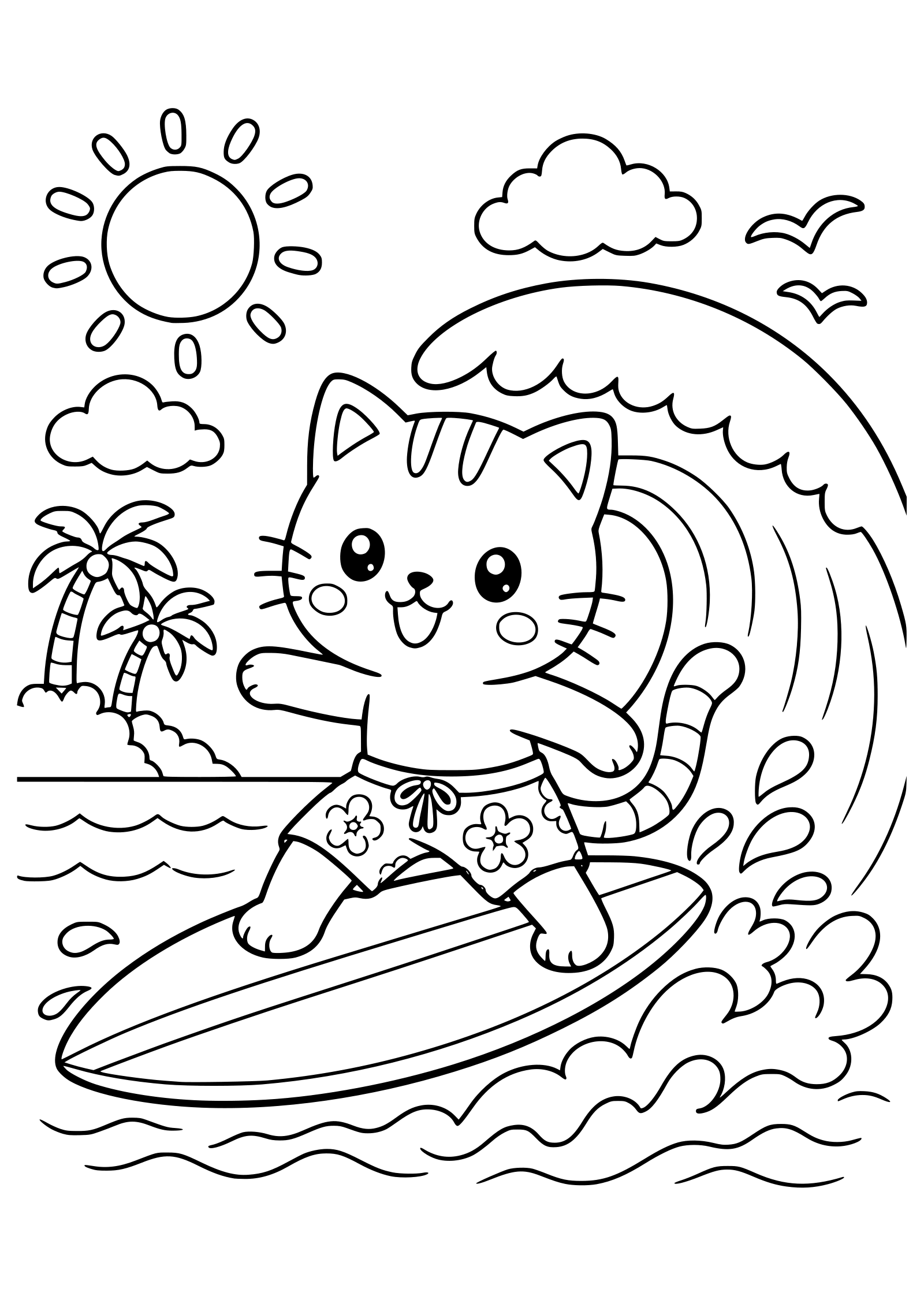 サーファーねこの動物塗り絵です