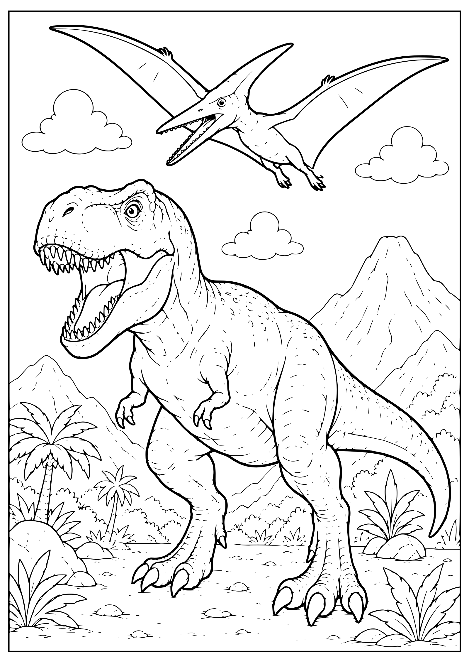 ティラノサウルスとプテラノドンのリアルな恐竜塗り絵です