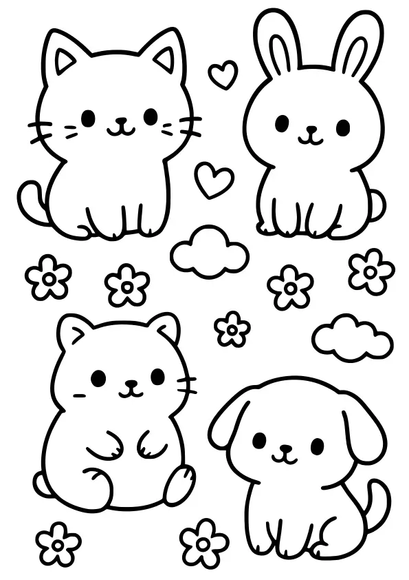 Easy cute animals coloring page for kids