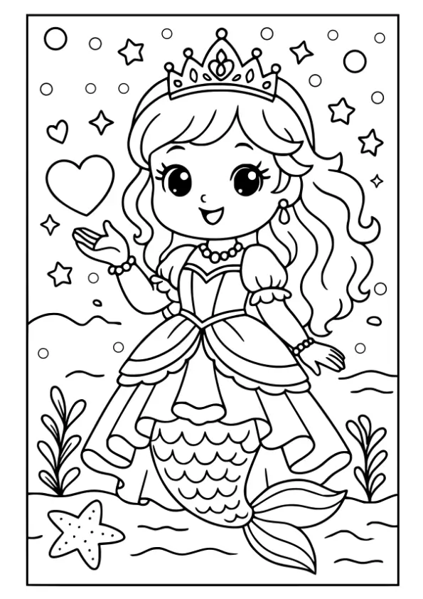 Mermaid Princess Girl Easy Cute coloring page for kids