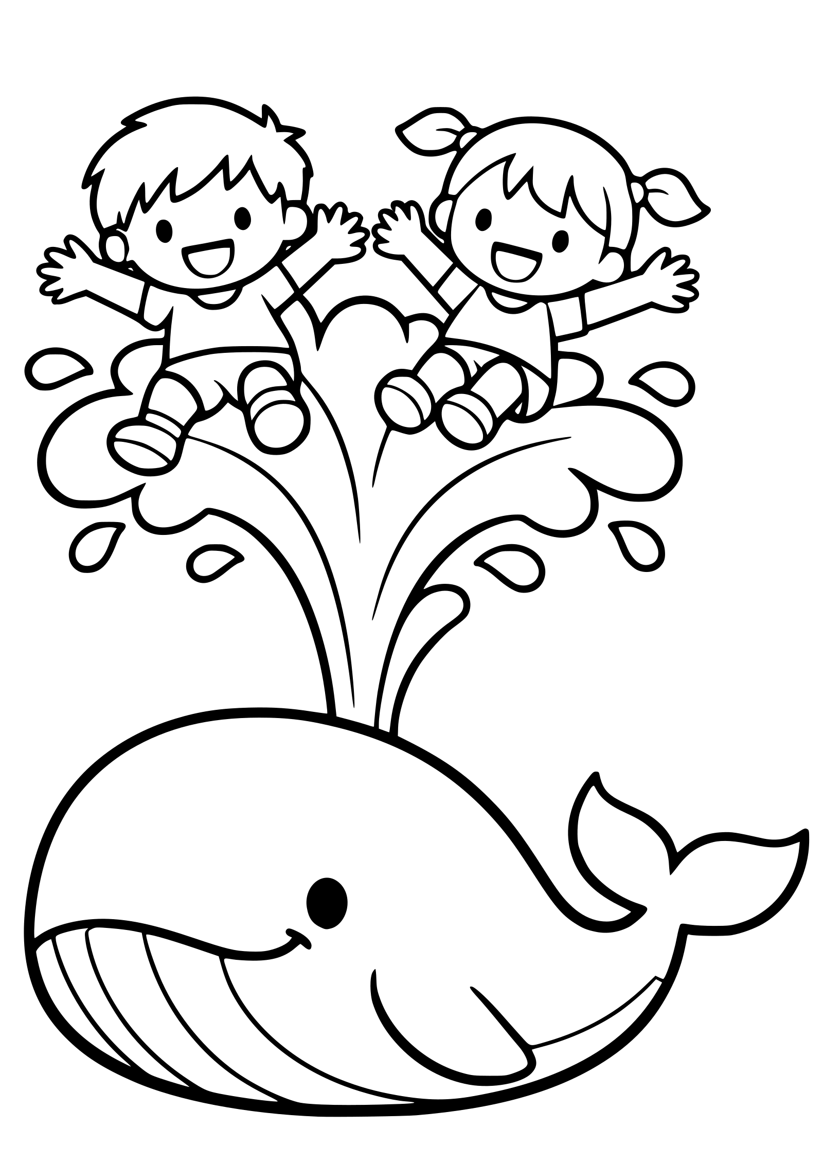 くじらと遊ぶこどもたちの塗り絵です