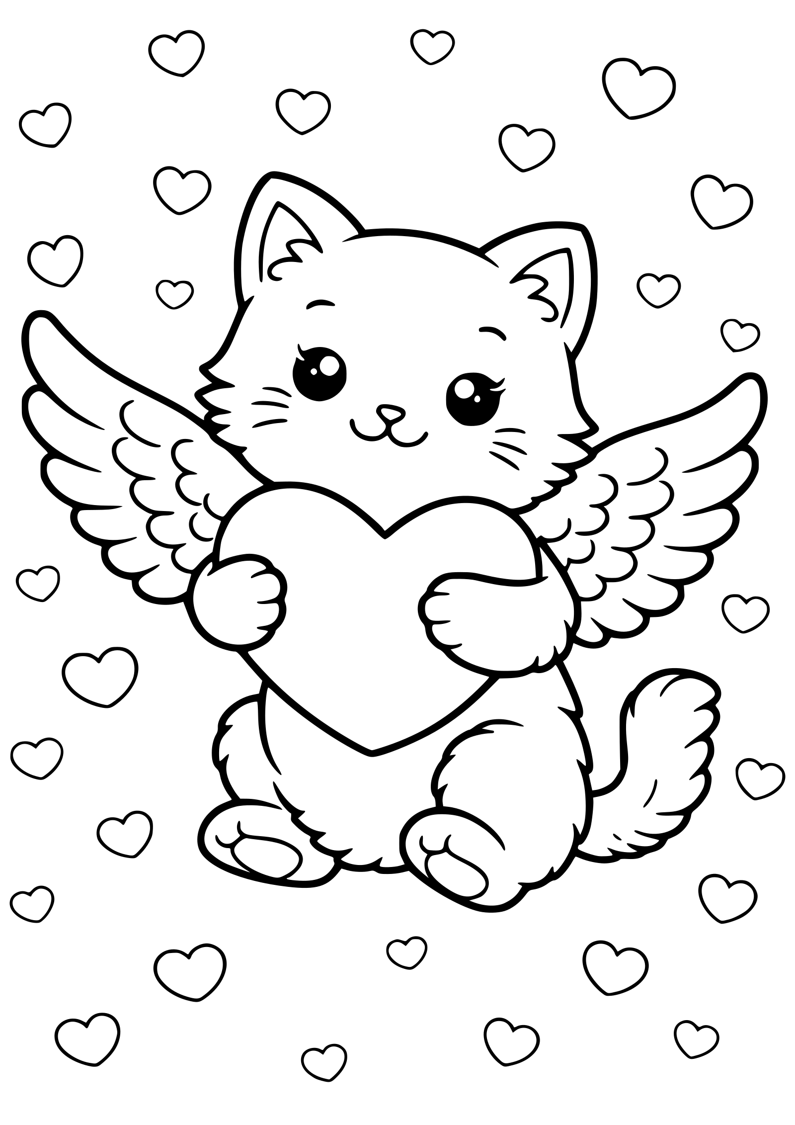 バレンタインデーにも使えそうな翼の生えたかわいいねこの動物塗り絵です。ハートをかかえてますね
