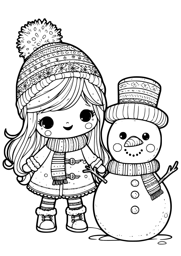 冬の女の子と雪だるまの塗り絵です