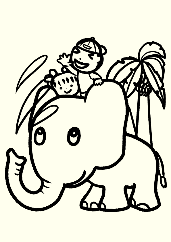 象３の塗り絵です。ぞうさんが背中に男の子と女の子を乗せてお散歩しています